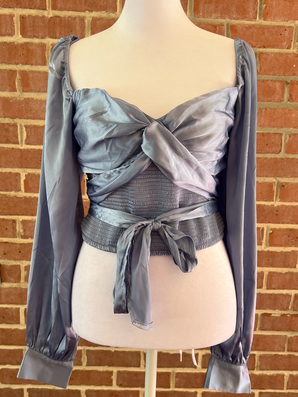 Urban Outfitters L Blue Satin Corset Wrap Tie Long Sleeve Y2K Top